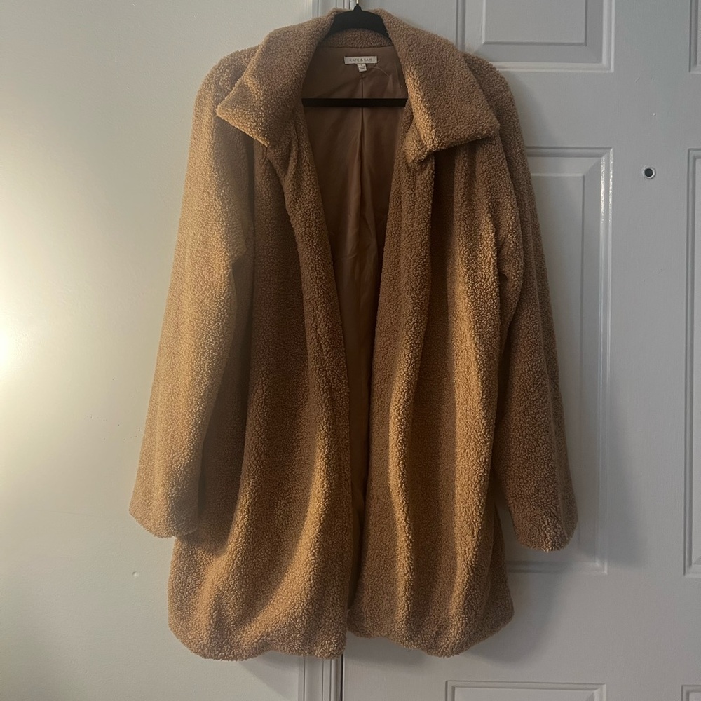 KATE & SAM Coat Large Faux Fur Super Soft Teddy Bear Brown
